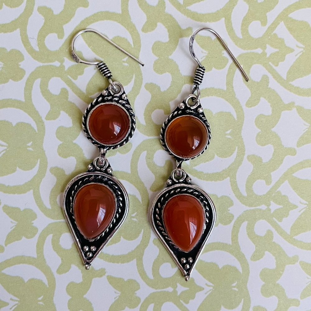 Carnelian Gemstone 925 Sterling Silver Plated Dangle Artisan Earrings 2 ½” NEW